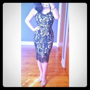 Stunning Black & Nude Lace Midi Dress